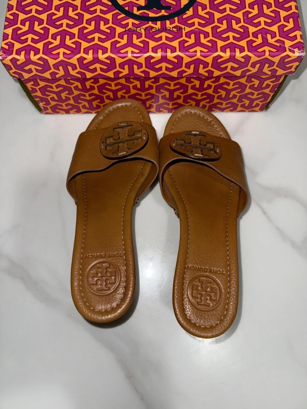 Tory Burch Cognac Leather Wedge Slide Sandals